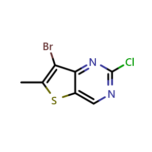 Chemical structure of 7-bromo-2-chloro-6-methylthieno[3,2-d]pyrimidine , CAS 2033056-28-7, AChemBlock S77360