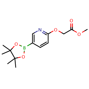 Chemical structure of methyl 2-((5-(4,4,5,5-tetramethyl-1,3,2-dioxaborolan-2-yl)pyridin-2-yl)oxy)acetate , CAS 2027496-50-8, AChemBlock S77369