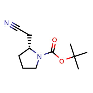 Chemical structure of tert-butyl (2R)-2-(cyanomethyl)pyrrolidine-1-carboxylate , CAS 201039-13-6, AChemBlock S77390
