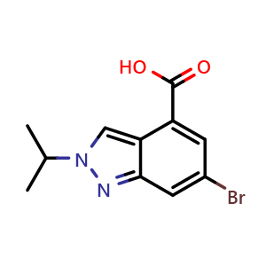 Chemical structure of 6-bromo-2-(propan-2-yl)-2H-indazole-4-carboxylic acid , CAS 2005426-90-2, AChemBlock S77399
