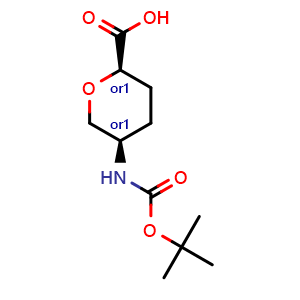 Chemical structure of cis-5-(boc-amino)-tetrahydro-pyran-2-carboxylic acid , CAS 1993226-94-0, AChemBlock S77420