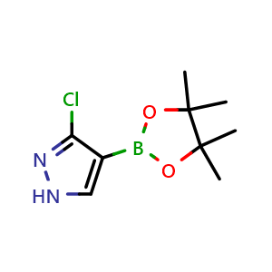 Chemical structure of 3-chloro-4-(4,4,5,5-tetramethyl-1,3,2-dioxaborolan-2-yl)-1H-pyrazole , CAS 1983152-93-7, AChemBlock S77451