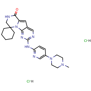 Chemical structure of 2'-((5-(4-methylpiperazin-1-yl)pyridin-2-yl)amino)-7',8'-dihydro-6'H-spiro[cyclohexane-1,9'-pyrazino[1',2':1,5]pyrrolo[2,3-d]pyrimidin]-6'-one dihydrochloride , CAS 1977495-97-8, AChemBlock S77456