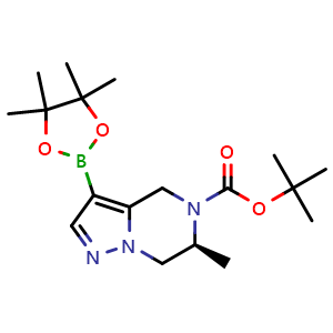 Chemical structure of tert-butyl (6S)-6-methyl-3-(tetramethyl-1,3,2-dioxaborolan-2-yl)-4H,5H,6H,7H-pyrazolo[1,5-a]pyrazine-5-carboxylate , CAS 1967005-00-0, AChemBlock S77476