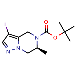 Chemical structure of tert-butyl (6S)-3-iodo-6-methyl-4H,5H,6H,7H-pyrazolo[1,5-a]pyrazine-5-carboxylate , CAS 1967003-63-9, AChemBlock S77478