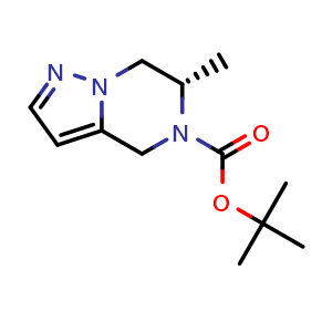 Chemical structure of tert-butyl (6S)-6-methyl-4H,5H,6H,7H-pyrazolo[1,5-a]pyrazine-5-carboxylate , CAS 1967003-62-8, AChemBlock S77479