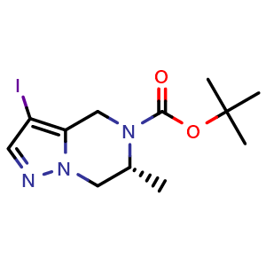 Chemical structure of tert-butyl (6R)-3-iodo-6-methyl-4H,5H,6H,7H-pyrazolo[1,5-a]pyrazine-5-carboxylate , CAS 1967003-57-1, AChemBlock S77480
