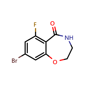 Chemical structure of 8-bromo-6-fluoro-2,3,4,5-tetrahydro-1,4-benzoxazepin-5-one , CAS 1962125-90-1, AChemBlock S77486