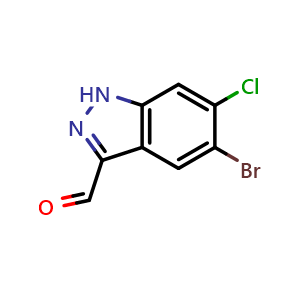 Chemical structure of 5-bromo-6-chloro-1H-indazole-3-carbaldehyde , CAS 1956325-18-0, AChemBlock S77507