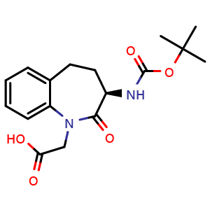 Chemical structure of 2-[(3R)-3-{[(tert-butoxy)carbonyl]amino}-2-oxo-2,3,4,5-tetrahydro-1H-1-benzazepin-1-yl]acetic acid , CAS 195621-62-6, AChemBlock S77511