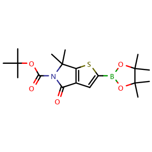 Chemical structure of tert-butyl 6,6-dimethyl-4-oxo-2-(tetramethyl-1,3,2-dioxaborolan-2-yl)-4H,5H,6H-thieno[2,3-c]pyrrole-5-carboxylate , CAS 1951483-79-6, AChemBlock S77536