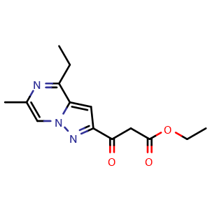 Chemical structure of ethyl 3-{4-ethyl-6-methylpyrazolo[1,5-a]pyrazin-2-yl}-3-oxopropanoate , CAS 1947415-57-7, AChemBlock S77546