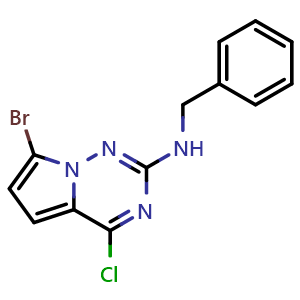 Chemical structure of N-benzyl-7-bromo-4-chloropyrrolo[2,1-f][1,2,4]triazin-2-amine , CAS 1936113-64-2, AChemBlock S77593