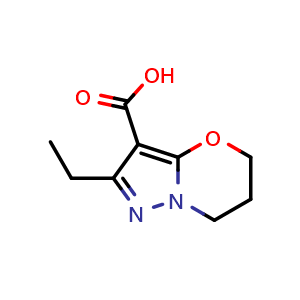Chemical structure of 2-ethyl-5H,6H,7H-pyrazolo[3,2-b][1,3]oxazine-3-carboxylic acid , CAS 1936052-21-9, AChemBlock S77595