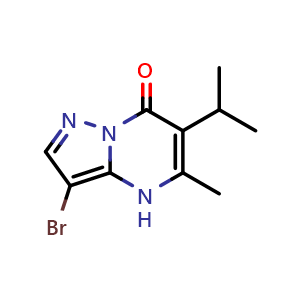 Chemical structure of 3-bromo-5-methyl-6-(propan-2-yl)-4H,7H-pyrazolo[1,5-a]pyrimidin-7-one , CAS 1935819-87-6, AChemBlock S77601