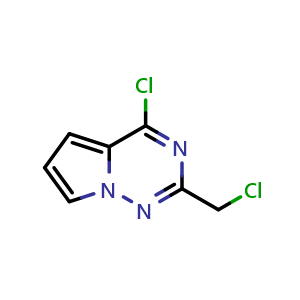 Chemical structure of 4-chloro-2-(chloromethyl)pyrrolo[2,1-f][1,2,4]triazine , CAS 1935224-92-2, AChemBlock S77618