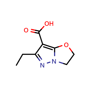 Chemical structure of 6-ethyl-2H,3H-pyrazolo[3,2-b][1,3]oxazole-7-carboxylic acid , CAS 1935125-31-7, AChemBlock S77623