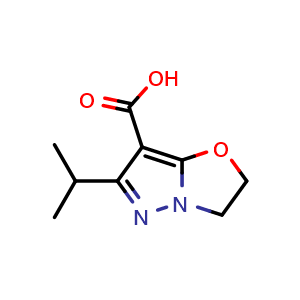 Chemical structure of 6-(propan-2-yl)-2H,3H-pyrazolo[3,2-b][1,3]oxazole-7-carboxylic acid , CAS 1934957-38-6, AChemBlock S77627