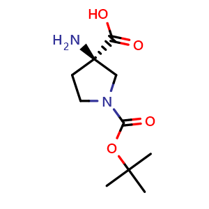 Chemical structure of (3R)-3-amino-1-[(tert-butoxy)carbonyl]pyrrolidine-3-carboxylic acid , CAS 1932297-75-0, AChemBlock S77678