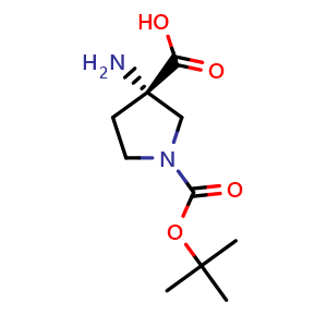 Chemical structure of (3S)-3-amino-1-[(tert-butoxy)carbonyl]pyrrolidine-3-carboxylic acid , CAS 1931923-61-3, AChemBlock S77699