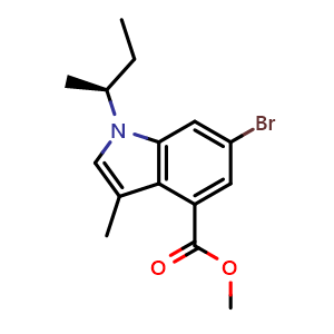 Chemical structure of methyl 6-bromo-1-[(2S)-butan-2-yl]-3-methyl-1H-indole-4-carboxylate , CAS 1922199-97-0, AChemBlock S77721