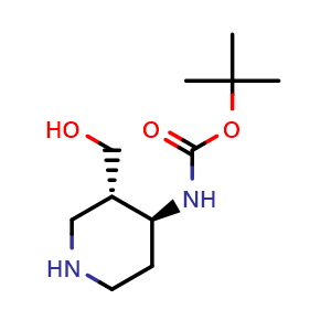 Chemical structure of tert-butyl N-[(3S,4S)-rel-3-(hydroxymethyl)-4-piperidyl]carbamate , CAS 1903840-04-9, AChemBlock S77768