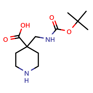 Chemical structure of 4-({[(tert-butoxy)carbonyl]amino}methyl)piperidine-4-carboxylic acid , CAS 1890152-67-6, AChemBlock S77809