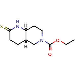 Chemical structure of ethyl (4aS,8aR)-2-sulfanylidene-decahydro-1,6-naphthyridine-6-carboxylate , CAS 1890136-14-7, AChemBlock S77810