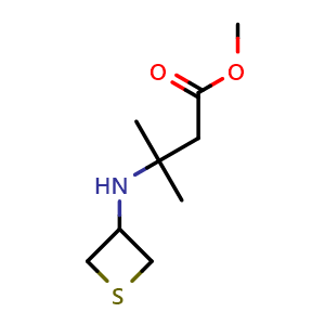Chemical structure of methyl 3-methyl-3-[(thietan-3-yl)amino]butanoate , CAS 1864794-91-1, AChemBlock S77893