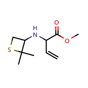 Chemical structure of methyl 2-[(2,2-dimethylthietan-3-yl)amino]but-3-enoate , CAS 1862358-94-8, AChemBlock S77921