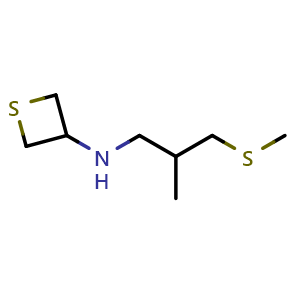 Chemical structure of N-[2-methyl-3-(methylsulfanyl)propyl]thietan-3-amine , CAS 1849215-71-9, AChemBlock S77975