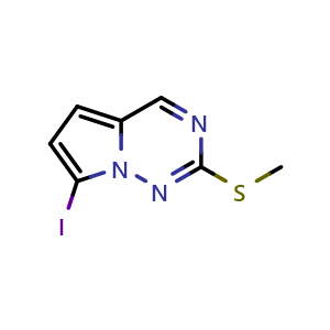 Chemical structure of 7-iodo-2-(methylsulfanyl)pyrrolo[2,1-f][1,2,4]triazine , CAS 1824092-16-1, AChemBlock S78040