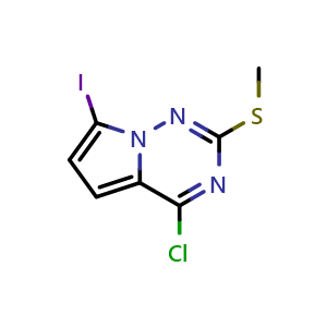 Chemical structure of 4-chloro-7-iodo-2-(methylsulfanyl)pyrrolo[2,1-f][1,2,4]triazine , CAS 1824080-03-6, AChemBlock S78043