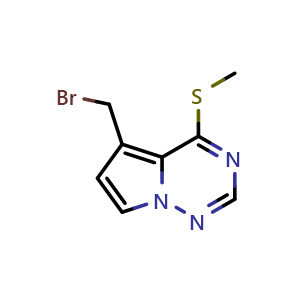 Chemical structure of 5-(bromomethyl)-4-(methylsulfanyl)pyrrolo[2,1-f][1,2,4]triazine , CAS 1823897-62-6, AChemBlock S78058