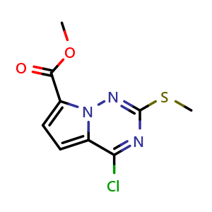 Chemical structure of methyl 4-chloro-2-(methylsulfanyl)pyrrolo[2,1-f][1,2,4]triazine-7-carboxylate , CAS 1823484-81-6, AChemBlock S78081