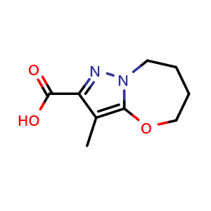 Chemical structure of 3-methyl-5H,6H,7H,8H-pyrazolo[3,2-b][1,3]oxazepine-2-carboxylic acid , CAS 1823437-29-1, AChemBlock S78089