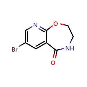 Chemical structure of 7-bromo-2H,3H,4H,5H-pyrido[3,2-f][1,4]oxazepin-5-one , CAS 1823339-95-2, AChemBlock S78105