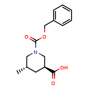 Chemical structure of (3S,5S)-1-benzyloxycarbonyl-5-methyl-piperidine-3-carboxylic acid , CAS 1820583-25-2, AChemBlock S78155