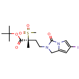 Chemical structure of tert-butyl (2R)-4-{6-iodo-3-oxo-1H,2H,3H-pyrrolo[1,2-c]imidazol-2-yl}-2-methanesulfonyl-2-methylbutanoate , CAS 1808272-19-6, AChemBlock S78186