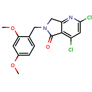 Chemical structure of 2,4-dichloro-6-[(2,4-dimethoxyphenyl)methyl]-5H,6H,7H-pyrrolo[3,4-b]pyridin-5-one , CAS 1808171-04-1, AChemBlock S78188