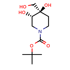Chemical structure of tert-butyl cis-3,4-dihydroxy-4-(hydroxymethyl)piperidine-1-carboxylate , CAS 1805790-11-7, AChemBlock S78215