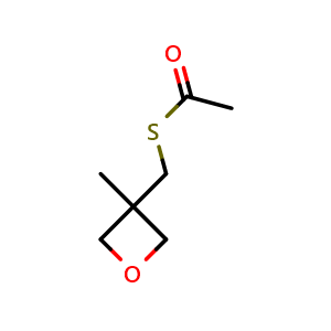 Chemical structure of 1-{[(3-methyloxetan-3-yl)methyl]sulfanyl}ethan-1-one , CAS 1803588-59-1, AChemBlock S78245