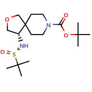 Chemical structure of tert-butyl (4S)-4-[[(R)-tert-butylsulfinyl]amino]-2-oxa-8-azaspiro[4.5]decane-8-carboxylate , CAS 1801766-69-7, AChemBlock S78250