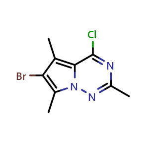 Chemical structure of 6-bromo-4-chloro-2,5,7-trimethylpyrrolo[2,1-f][1,2,4]triazine , CAS 1782781-94-5, AChemBlock S78381