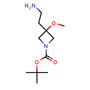 Chemical structure of tert-butyl 3-(2-aminoethyl)-3-methoxy-azetidine-1-carboxylate , CAS 1782647-56-6, AChemBlock S78385