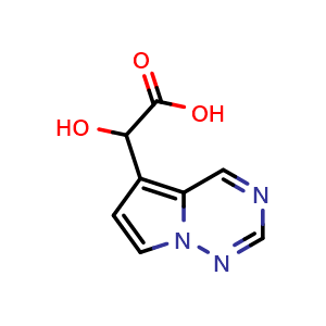 Chemical structure of 2-hydroxy-2-{pyrrolo[2,1-f][1,2,4]triazin-5-yl}acetic acid , CAS 1781575-45-8, AChemBlock S78417
