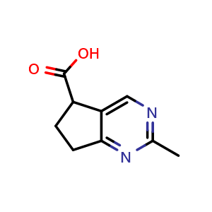 Chemical structure of 2-methyl-5H,6H,7H-cyclopenta[d]pyrimidine-5-carboxylic acid , CAS 1780245-25-1, AChemBlock S78474