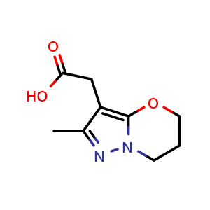 Chemical structure of 2-{2-methyl-5H,6H,7H-pyrazolo[3,2-b][1,3]oxazin-3-yl}acetic acid , CAS 1779841-26-7, AChemBlock S78483