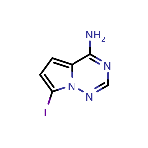 Chemical structure of 7-iodopyrrolo[2,1-f][1,2,4]triazin-4-amine , CAS 1770840-43-1, AChemBlock S78519
