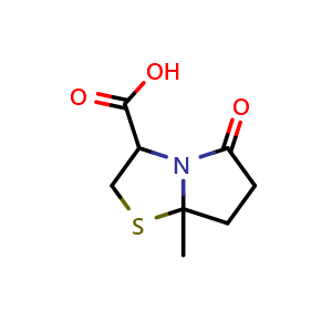Chemical structure of 7a-methyl-5-oxo-hexahydropyrrolo[2,1-b][1,3]thiazole-3-carboxylic acid , CAS 17279-63-9, AChemBlock S78590